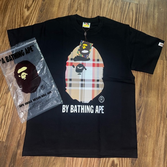Bape Black Short Sleeve Tee with Plaid Ape Head - Picture 2 of 2